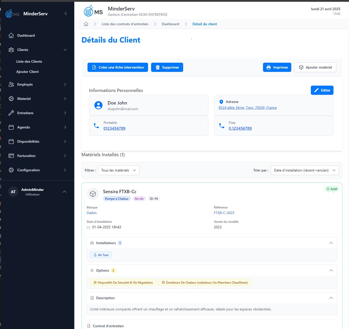 Interface de gestion clients MinderServ