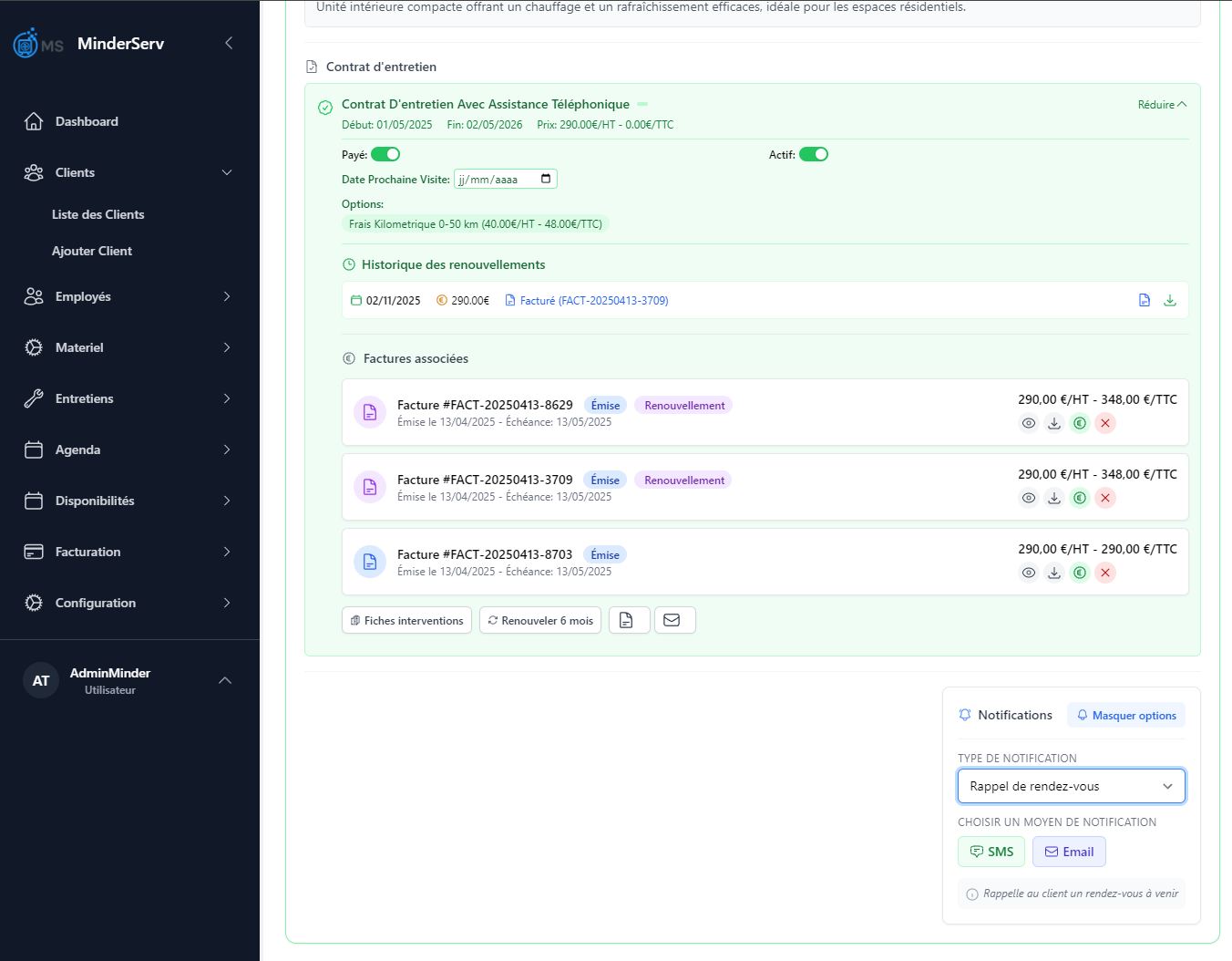 Interface de gestion des contrats d'entretien MinderServ