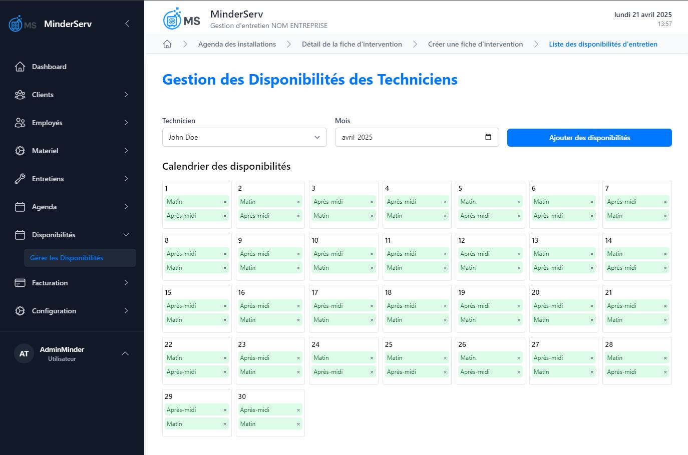 Interface de gestion des disponibilités techniciens