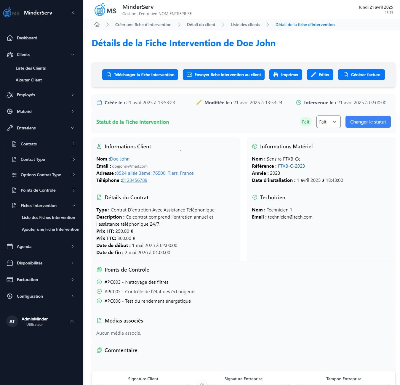 Interface de fiche d'intervention MinderServ