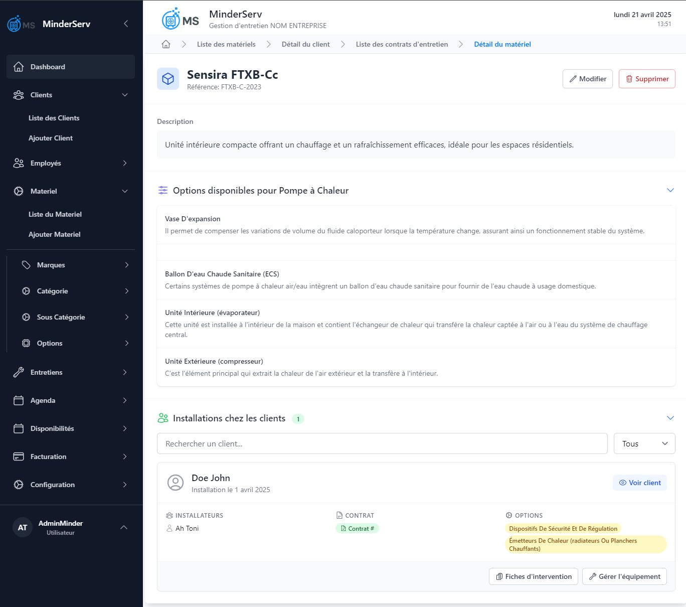 Fiche détaillée d'un matériel MinderServ