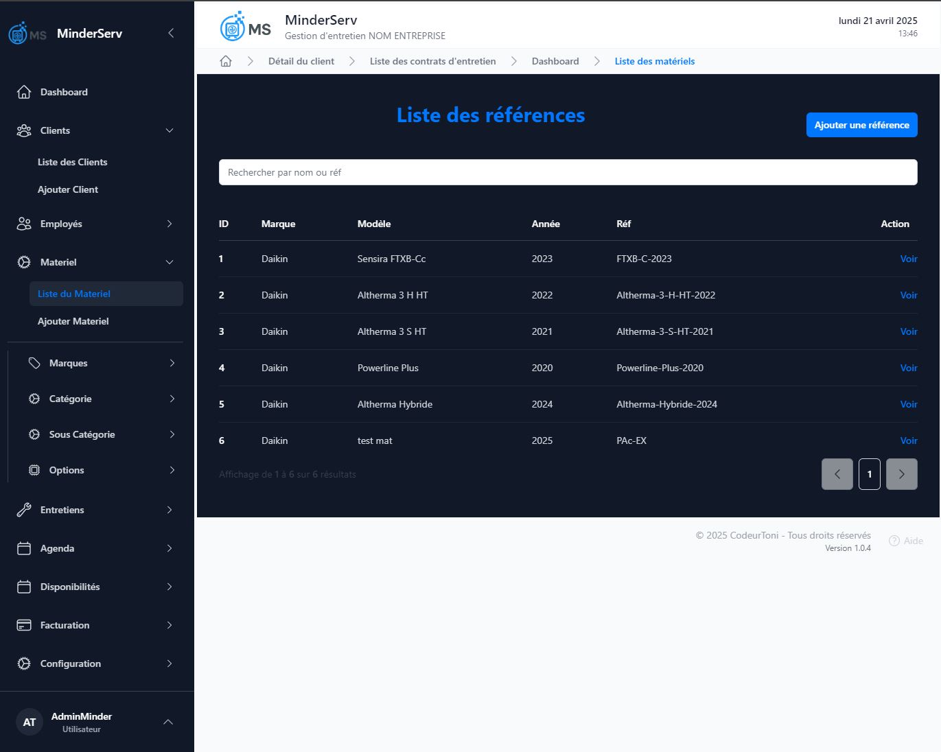 Interface de gestion du parc matériel MinderServ